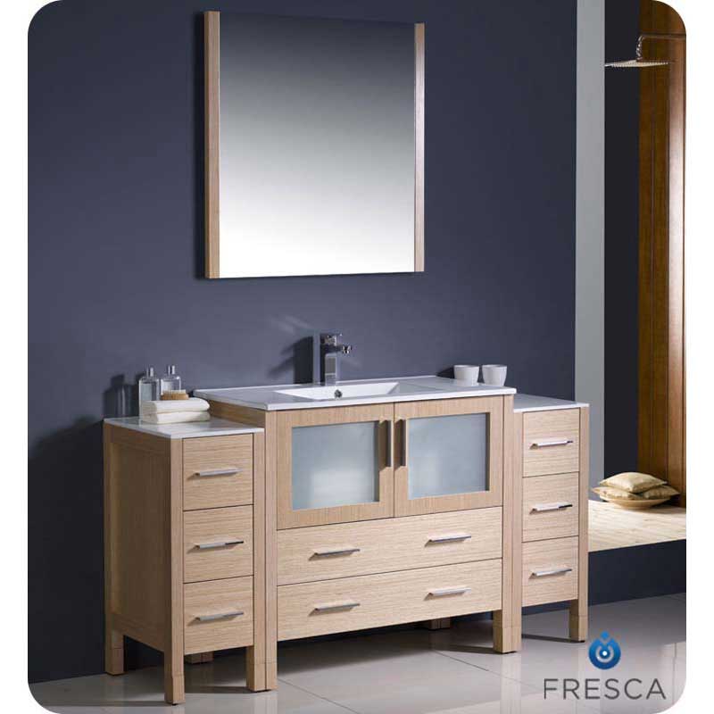 Fresca FVN62-123612LO-UNS Torino 60" Light Oak Modern Bathroom Vanity with 2 Side Cabinets & Integrated Sink
