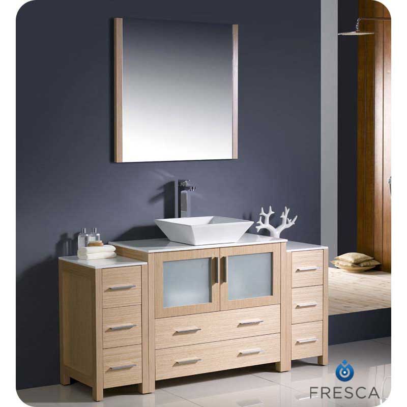Fresca FVN62-123612LO-VSL Torino 60" Light Oak Modern Bathroom Vanity with 2 Side Cabinets & Vessel Sink