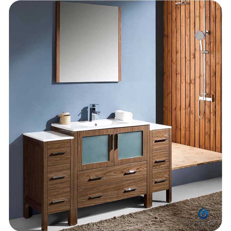 Fresca FVN62-123612WB-UNS Torino 60" Walnut Brown Modern Bathroom Vanity with 2 Side Cabinets & Integrated Sink