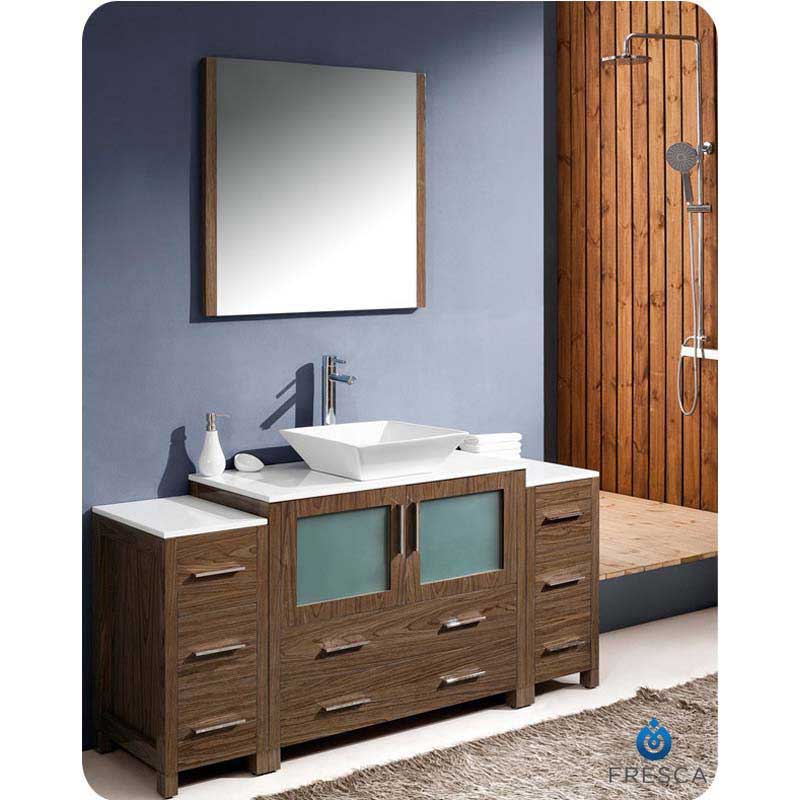 Fresca FVN62-123612WB-VSL Torino 60" Walnut Brown Modern Bathroom Vanity with 2 Side Cabinets & Vessel Sink