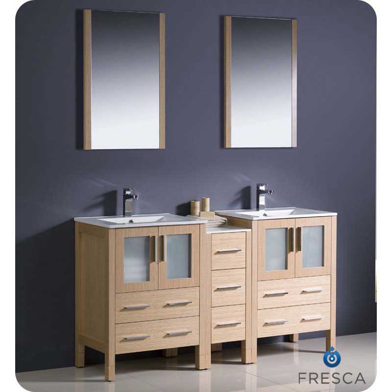 Fresca FVN62-241224LO-UNS Torino 60" Light Oak Modern Double Sink Bathroom Vanity with Side Cabinet & Integrated Sinks