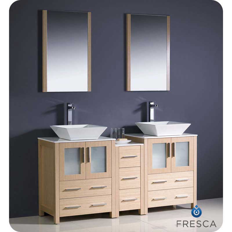Fresca FVN62-241224LO-VSL Torino 60" Light Oak Modern Double Sink Bathroom Vanity with Side Cabinet & Vessel Sinks
