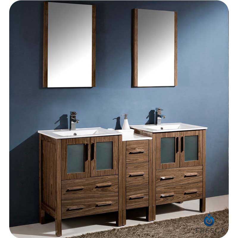 Fresca FVN62-241224WB-UNS Torino 60" Walnut Brown Modern Double Sink Bathroom Vanity with Side Cabinet & Integrated Sinks