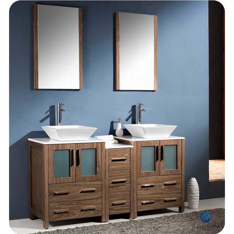 Fresca FVN62-241224WB-VSL Torino 60" Walnut Brown Modern Double Sink Bathroom Vanity with Side Cabinet & Vessel Sinks