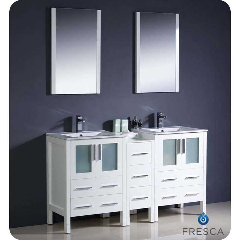 Fresca FVN62-241224WH-UNS Torino 60" White Modern Double Sink Bathroom Vanity with Side Cabinet & Integrated Sinks