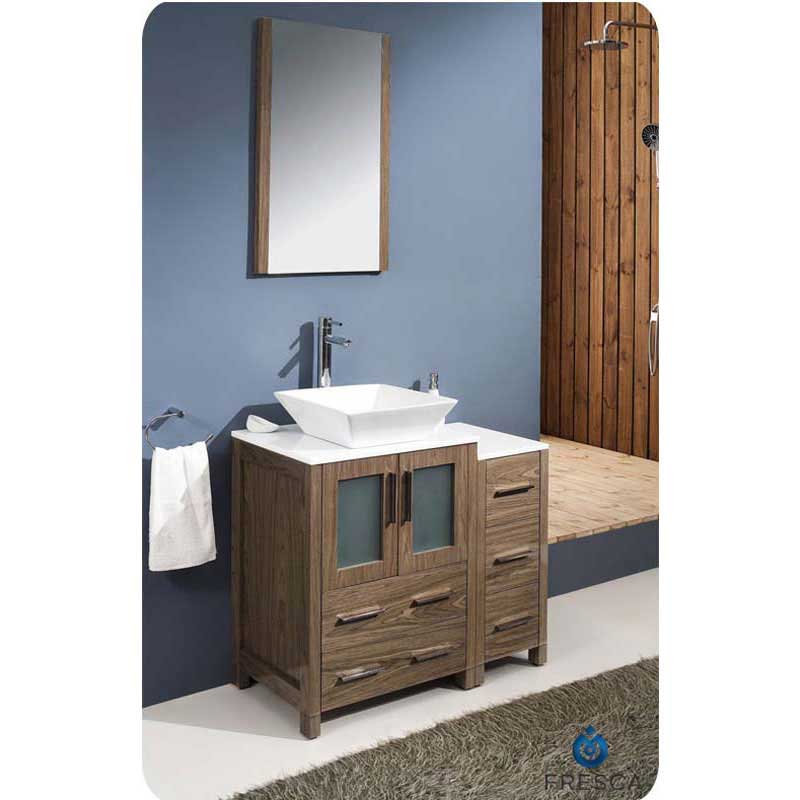 Fresca FVN62-2412WB-VSL Torino 36" Walnut Brown Modern Bathroom Vanity with Side Cabinet & Vessel Sink