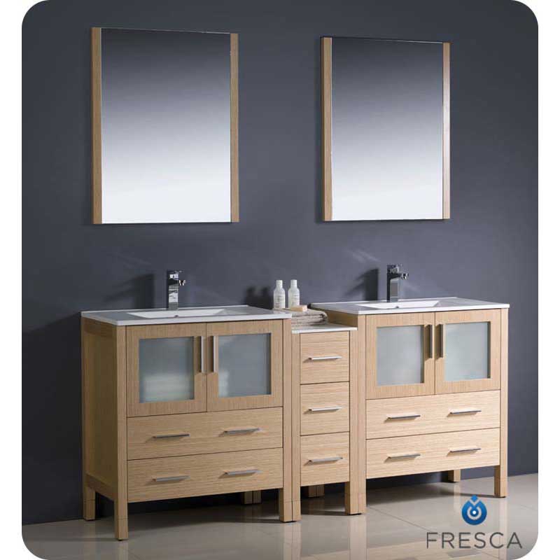Fresca FVN62-301230LO-UNS Torino 72" Light Oak Modern Double Sink Bathroom Vanity with Side Cabinet & Integrated Sinks