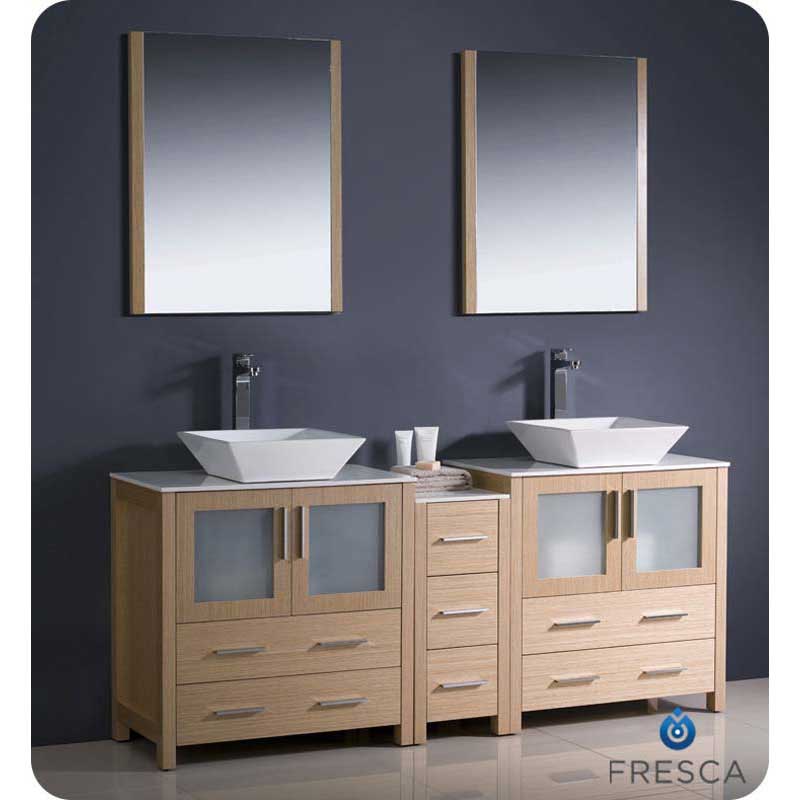 Fresca FVN62-301230LO-VSL Torino 72" Light Oak Modern Double Sink Bathroom Vanity with Side Cabinet & Vessel Sinks
