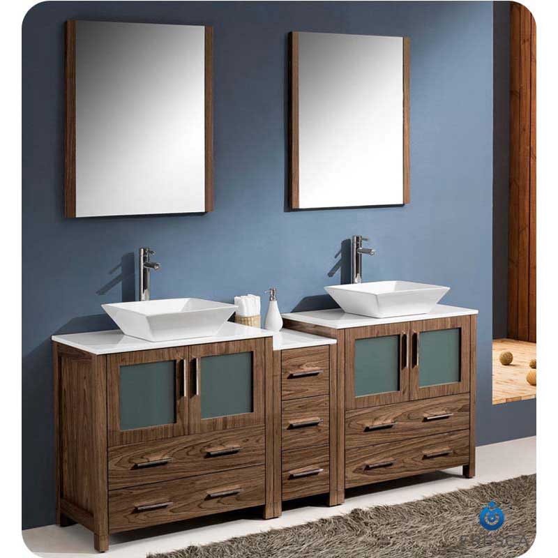 Fresca FVN62-301230WB-VSL Torino 72" Walnut Brown Modern Double Sink Bathroom Vanity with Side Cabinet & Vessel Sinks