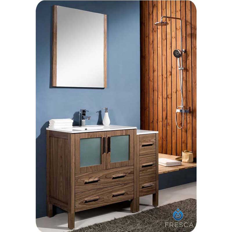 Fresca FVN62-3012WB-UNS Torino 42" Walnut Brown Modern Bathroom Vanity with Side Cabinet & Integrated Sink