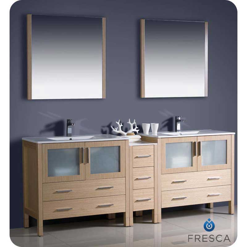 Fresca FVN62-361236LO-UNS Torino 84" Light Oak Modern Double Sink Bathroom Vanity with Side Cabinet & Integrated Sinks