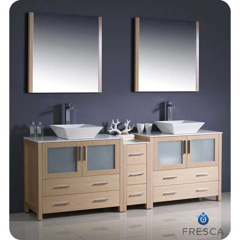 Fresca FVN62-361236LO-VSL Torino 84" Light Oak Modern Double Sink Bathroom Vanity with Side Cabinet & Vessel Sinks