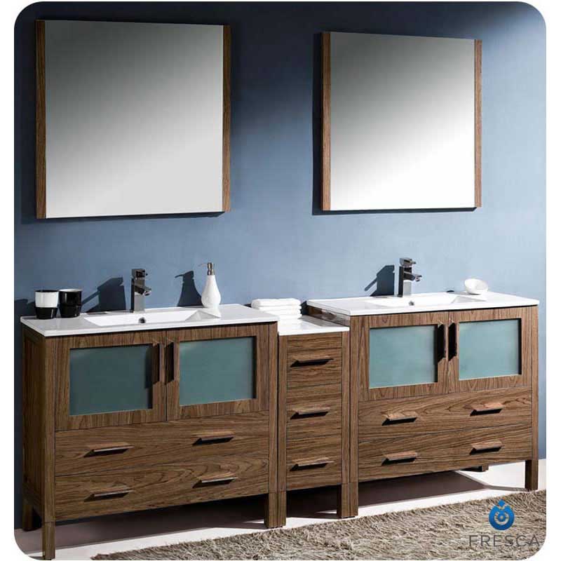 Fresca FVN62-361236WB-UNS Torino 84" Walnut Brown Modern Double Sink Bathroom Vanity with Side Cabinet & Integrated Sinks