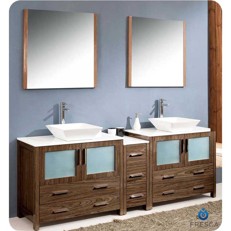 Fresca FVN62-361236WB-VSL Torino 84" Walnut Brown Modern Double Sink Bathroom Vanity with Side Cabinet & Vessel Sinks