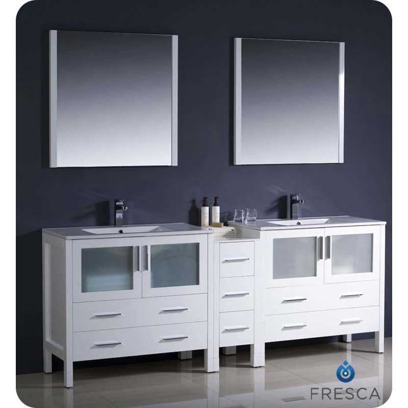 Fresca FVN62-361236WH-UNS Torino 84" White Modern Double Sink Bathroom Vanity with Side Cabinet & Integrated Sinks