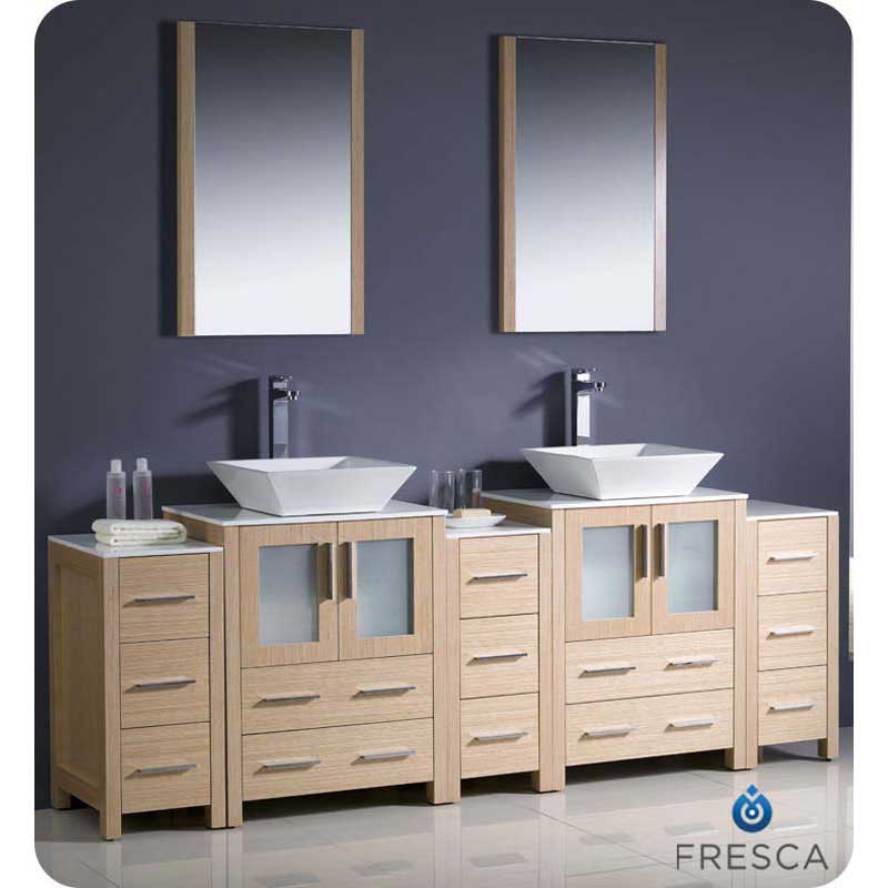 Fresca FVN62-72LO-VSL Torino 84" Light Oak Modern Double Sink Bathroom Vanity with 3 Side Cabinets & Vessel Sinks