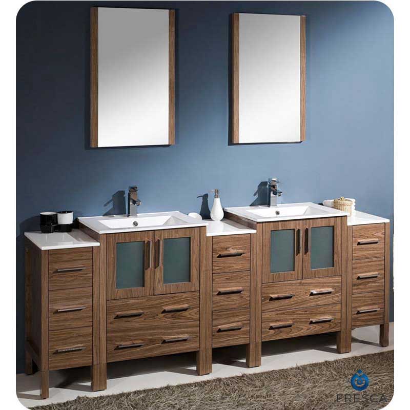 Fresca FVN62-72WB-UNS Torino 84" Walnut Brown Modern Double Sink Bathroom Vanity with 3 Side Cabinets & Integrated Sinks