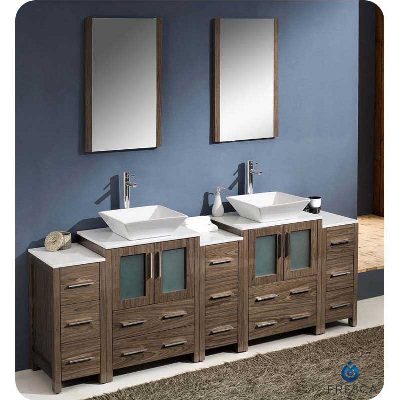 Fresca FVN62-72WB-VSL Torino 84" Walnut Brown Modern Double Sink Bathroom Vanity with 3 Side Cabinets & Vessel Sinks