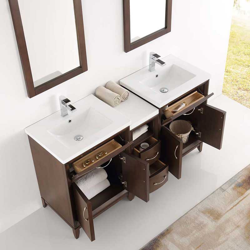 Fresca Cambridge 60" Antique Coffee Double Sink Traditional Bathroom Vanity with Mirrors 5