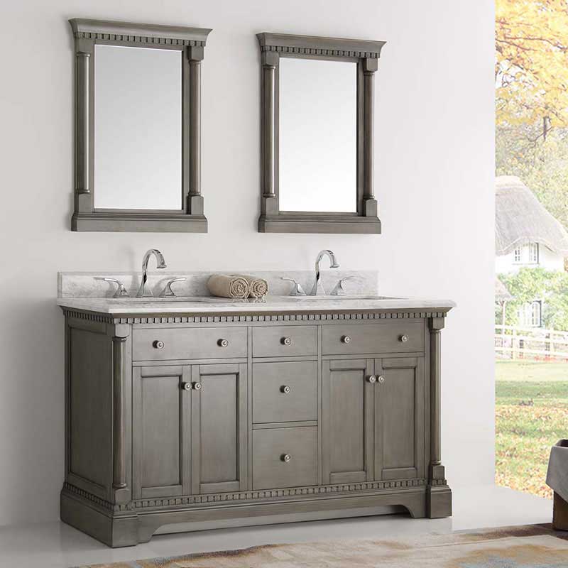 Fresca Kingston 60" Antique Silver Double Sink Traditional Bathroom Vanity with Mirrors 2