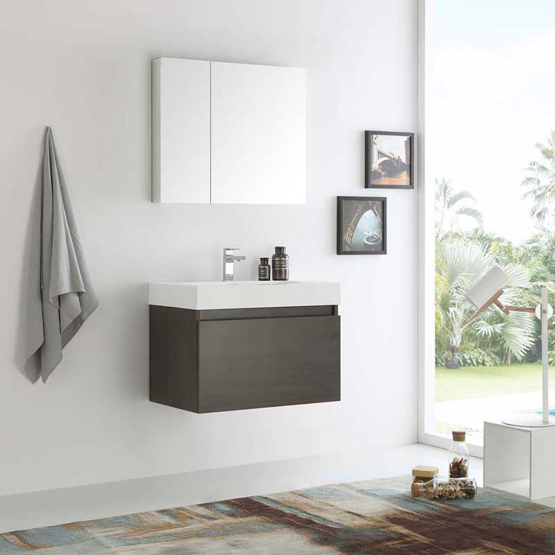 Fresca Mezzo 30" Gray Oak Wall Hung Modern Bathroom Vanity with Medicine Cabinet 2