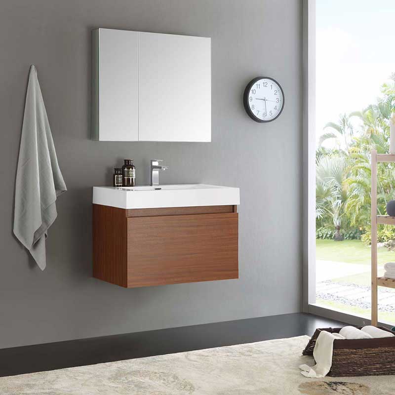 Fresca Mezzo 30" Teak Wall Hung Modern Bathroom Vanity with Medicine Cabinet 2