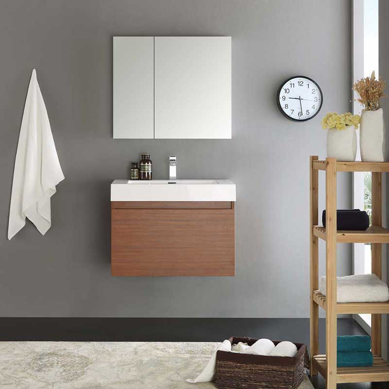 Fresca Mezzo 30" Teak Wall Hung Modern Bathroom Vanity with Medicine Cabinet 3