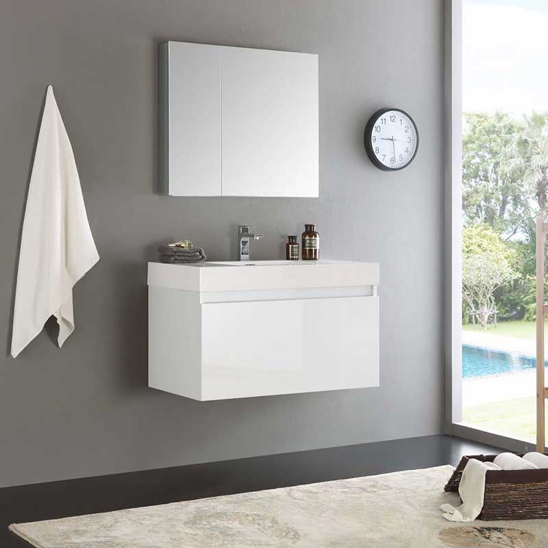 Fresca Mezzo 36" White Wall Hung Modern Bathroom Vanity with Medicine Cabinet 2