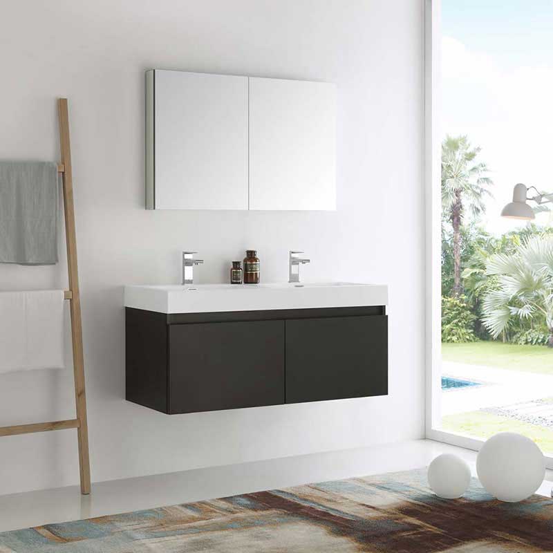 Fresca Mezzo 48" Black Wall Hung Double Sink Modern Bathroom Vanity with Medicine Cabinet 2
