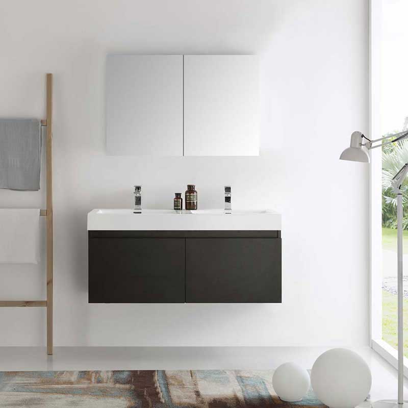 Fresca Mezzo 48" Black Wall Hung Double Sink Modern Bathroom Vanity with Medicine Cabinet 3