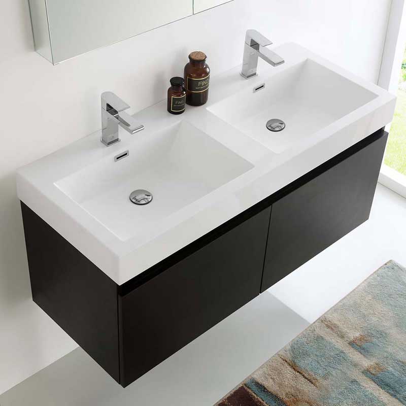 Fresca Mezzo 48" Black Wall Hung Double Sink Modern Bathroom Vanity with Medicine Cabinet 5