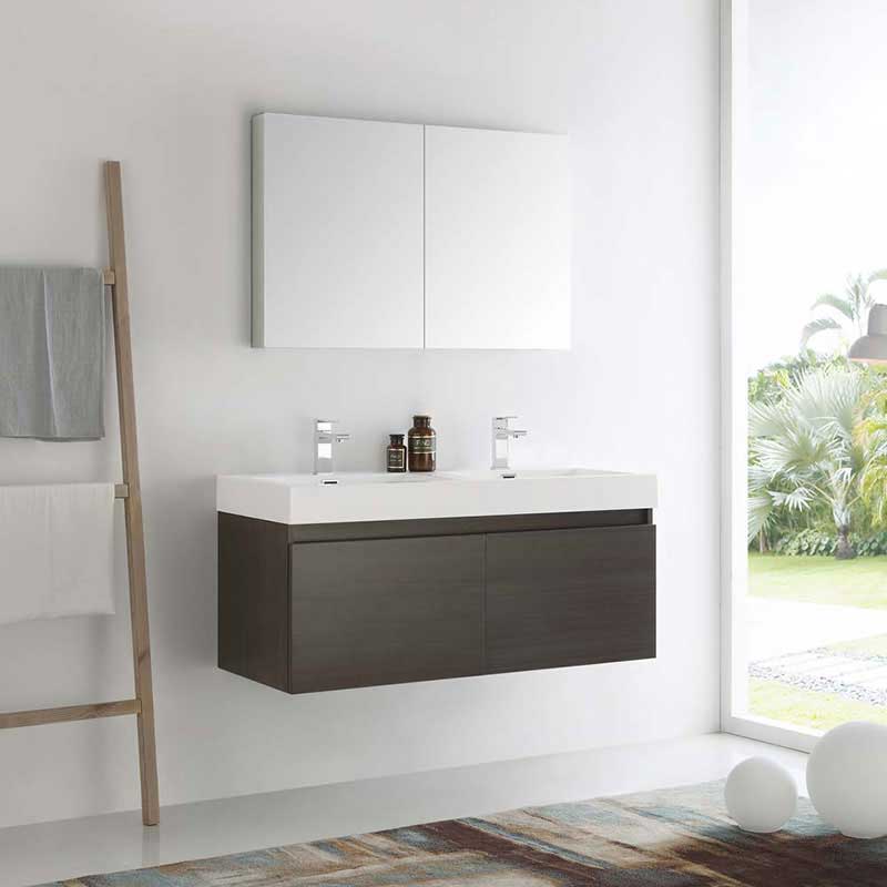Fresca Mezzo 48" Gray Oak Wall Hung Double Sink Modern Bathroom Vanity with Medicine Cabinet 2