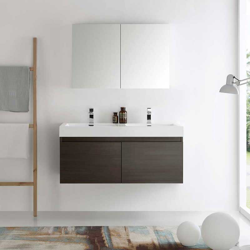 Fresca Mezzo 48" Gray Oak Wall Hung Double Sink Modern Bathroom Vanity with Medicine Cabinet 3
