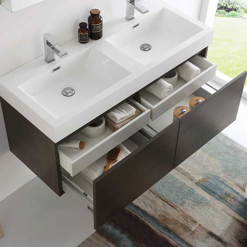 Fresca Mezzo 48" Gray Oak Wall Hung Double Sink Modern Bathroom Vanity with Medicine Cabinet 6