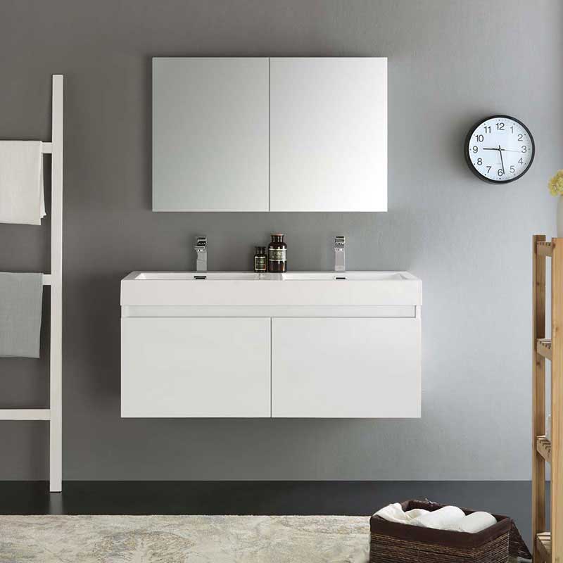 Fresca Mezzo 48" White Wall Hung Double Sink Modern Bathroom Vanity with Medicine Cabinet 3