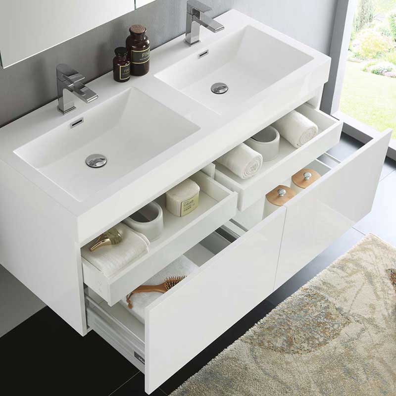 Fresca Mezzo 48" White Wall Hung Double Sink Modern Bathroom Vanity with Medicine Cabinet 6