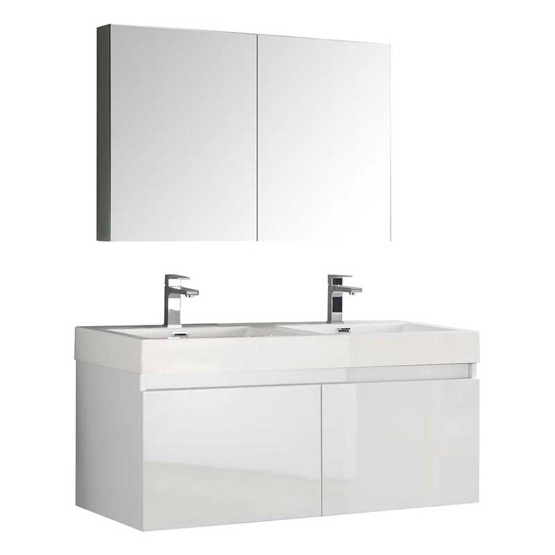 Fresca Mezzo 48" White Wall Hung Double Sink Modern Bathroom Vanity with Medicine Cabinet