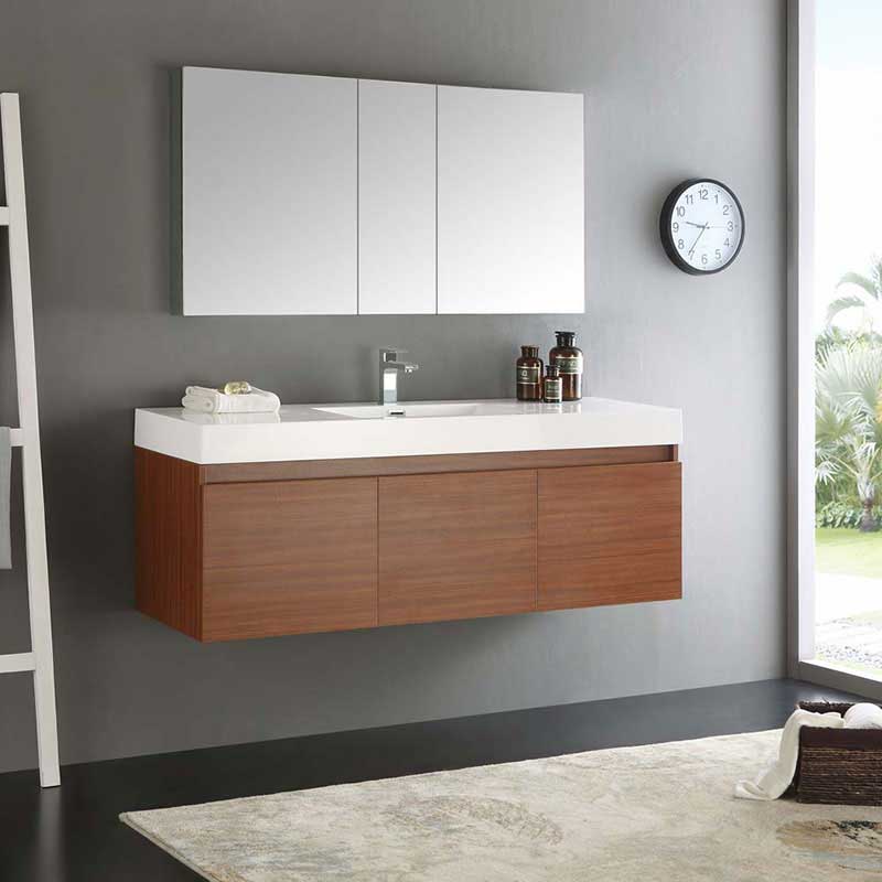 Fresca Mezzo 60" Teak Wall Hung Single Sink Modern Bathroom Vanity with Medicine Cabinet 2