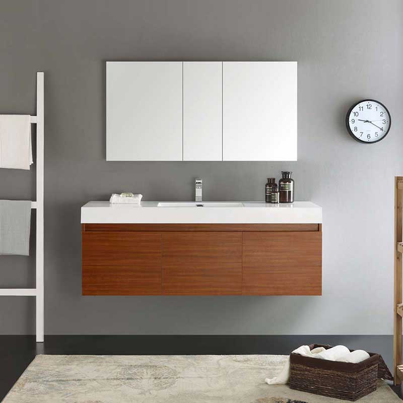 Fresca Mezzo 60" Teak Wall Hung Single Sink Modern Bathroom Vanity with Medicine Cabinet 3