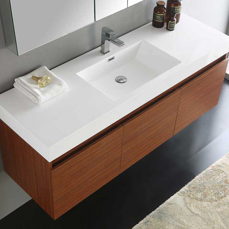 Fresca Mezzo 60" Teak Wall Hung Single Sink Modern Bathroom Vanity with Medicine Cabinet 5