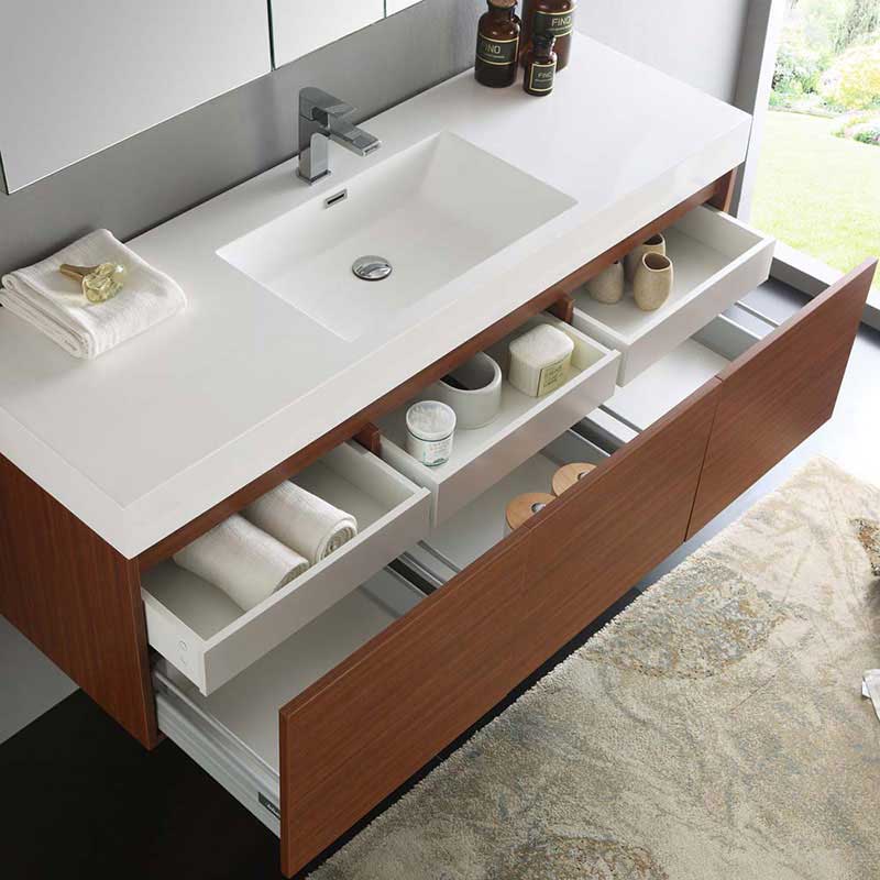 Fresca Mezzo 60" Teak Wall Hung Single Sink Modern Bathroom Vanity with Medicine Cabinet 6