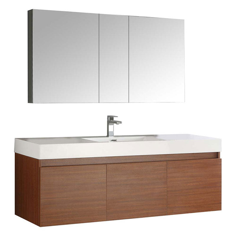 Fresca Mezzo 60" Teak Wall Hung Single Sink Modern Bathroom Vanity with Medicine Cabinet