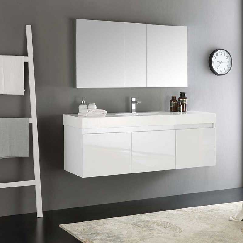 Fresca Mezzo 60" White Wall Hung Single Sink Modern Bathroom Vanity with Medicine Cabinet 2