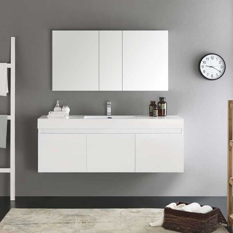 Fresca Mezzo 60" White Wall Hung Single Sink Modern Bathroom Vanity with Medicine Cabinet 3