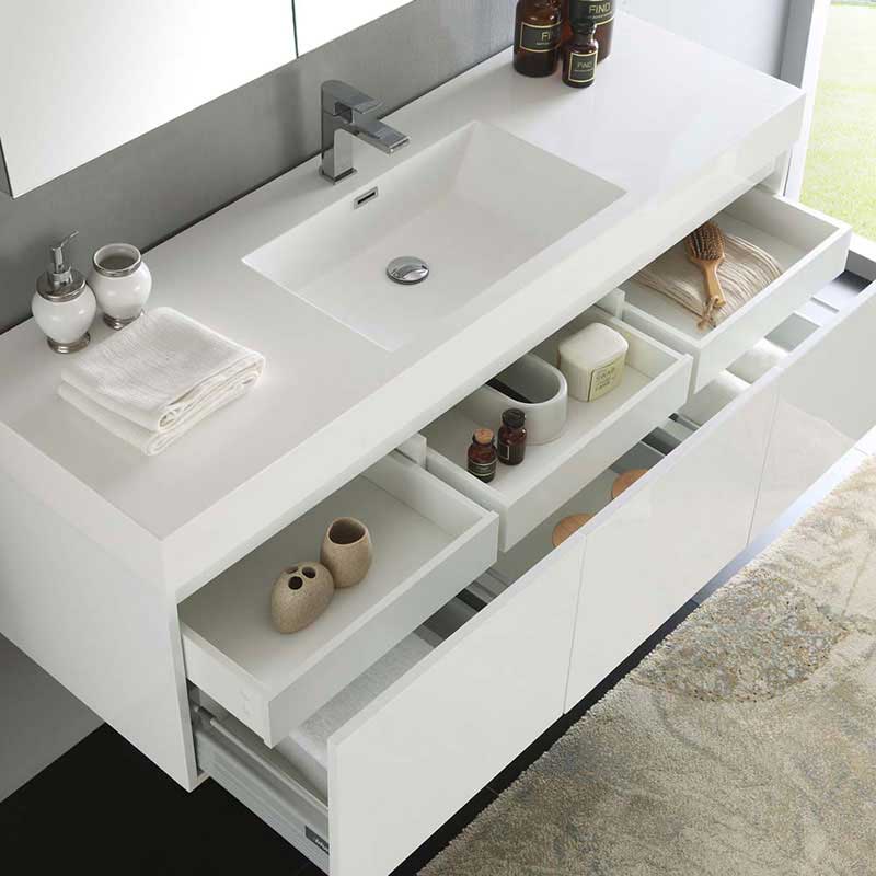 Fresca Mezzo 60" White Wall Hung Single Sink Modern Bathroom Vanity with Medicine Cabinet 6