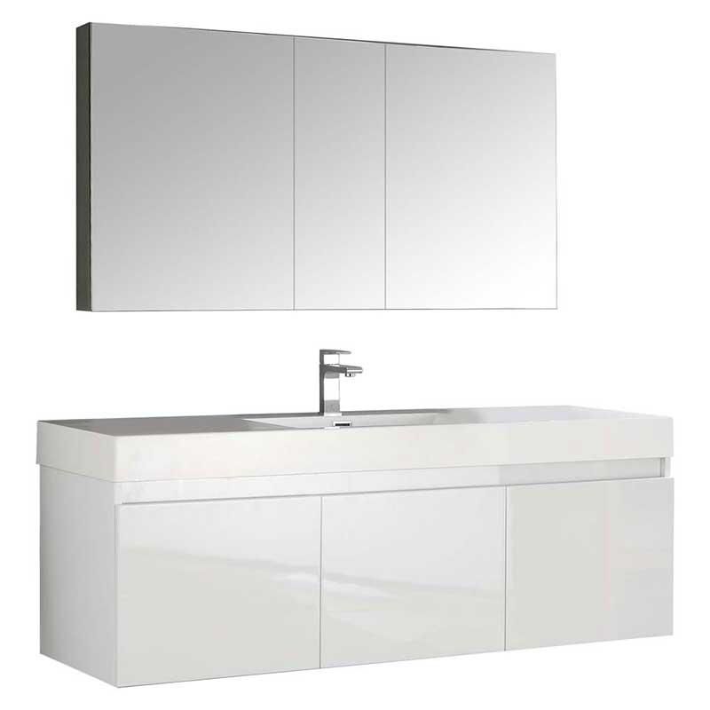 Fresca Mezzo 60" White Wall Hung Single Sink Modern Bathroom Vanity with Medicine Cabinet