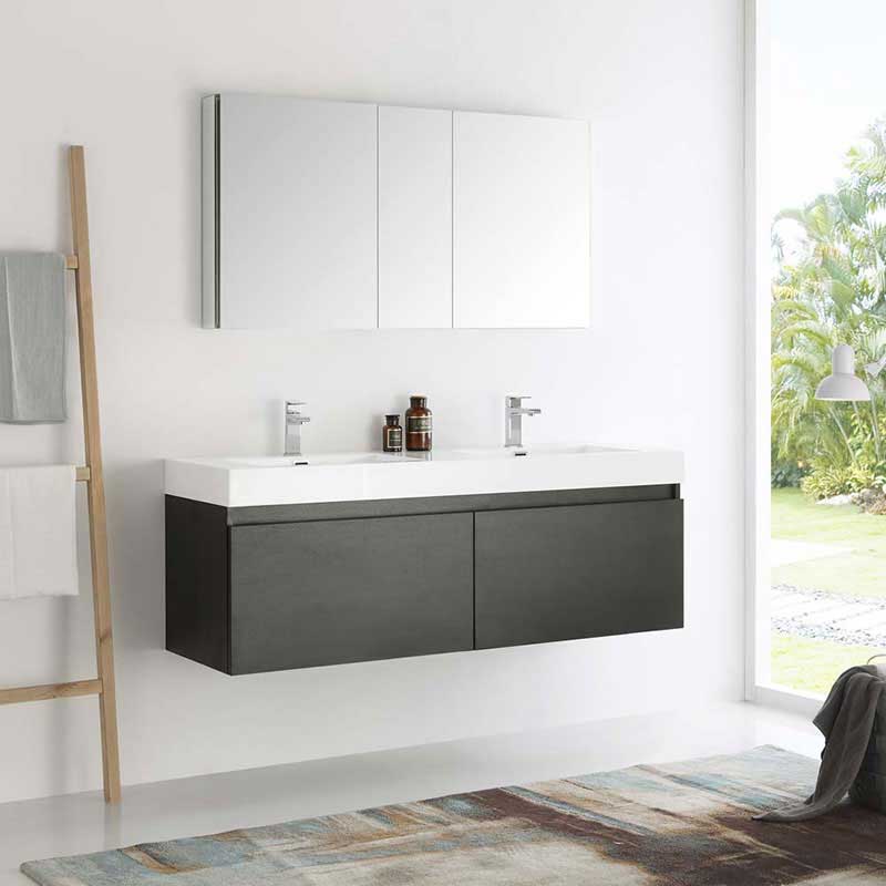 Fresca Mezzo 60" Black Wall Hung Double Sink Modern Bathroom Vanity with Medicine Cabinet 2