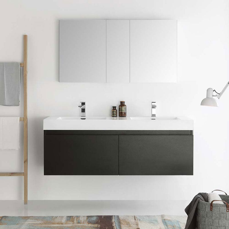 Fresca Mezzo 60" Black Wall Hung Double Sink Modern Bathroom Vanity with Medicine Cabinet 3