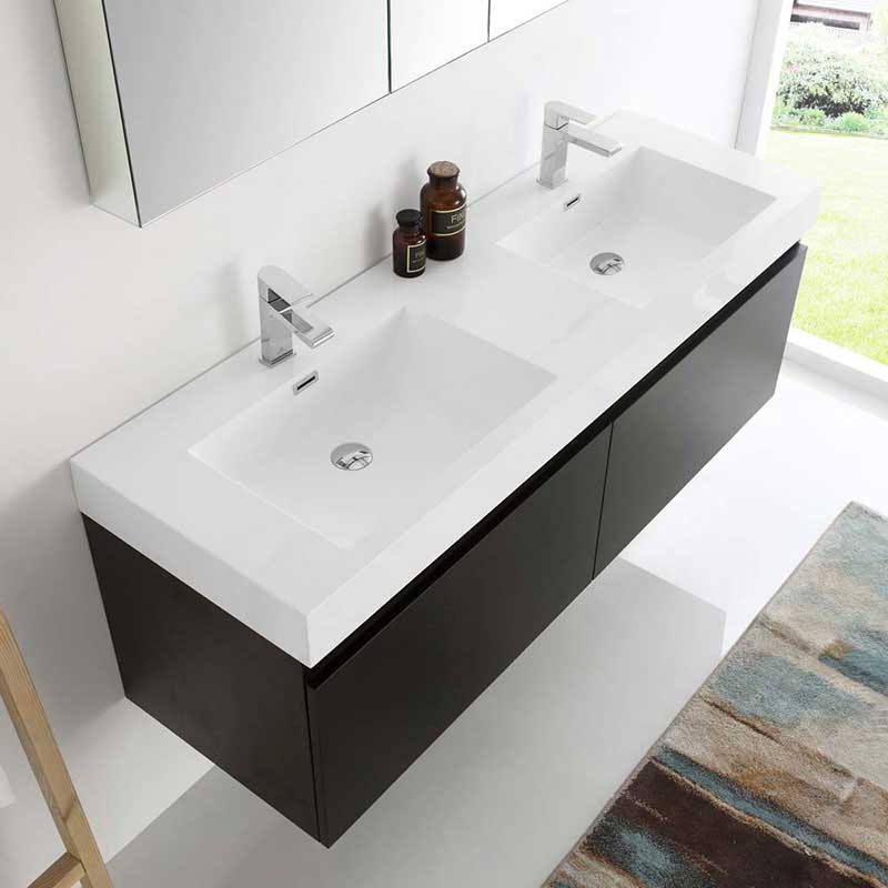 Fresca Mezzo 60" Black Wall Hung Double Sink Modern Bathroom Vanity with Medicine Cabinet 5