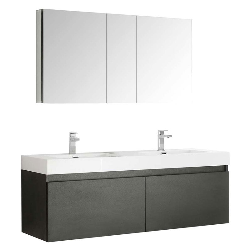 Fresca Mezzo 60" Black Wall Hung Double Sink Modern Bathroom Vanity with Medicine Cabinet